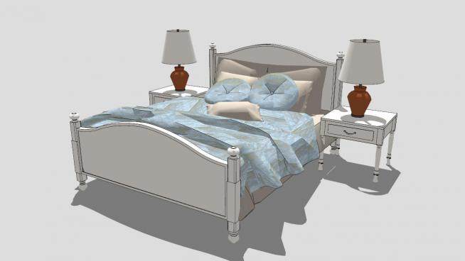 地中海风格双人床和一对床头柜SU模型下载_sketchup草图大师SKP模型