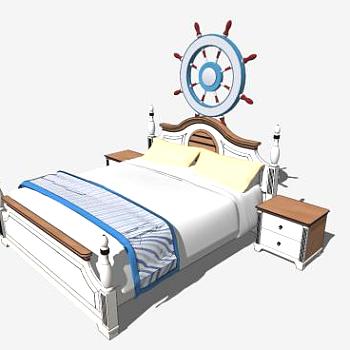 地中海蓝色木质双人床和床头柜SU模型下载_sketchup草图大师SKP模型