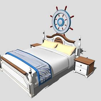 地中海蓝色木质双人床和床头柜SU模型下载_sketchup草图大师SKP模型