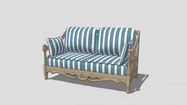 地中海风格蓝色条纹双人沙发SU模型下载_sketchup草图大师SKP模型