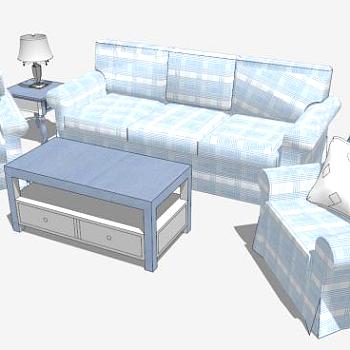 地中海风格淡蓝色网格淡雅组合沙发SU模型下载_sketchup草图大师SKP模型