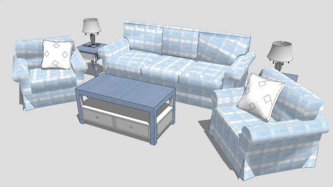 地中海风格淡蓝色网格淡雅组合沙发SU模型下载_sketchup草图大师SKP模型