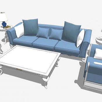 蓝色古典地中海风格组合沙发SU模型下载_sketchup草图大师SKP模型