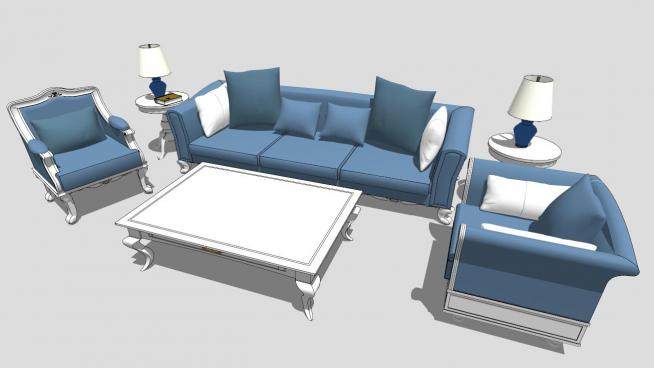 蓝色古典地中海风格组合沙发SU模型下载_sketchup草图大师SKP模型