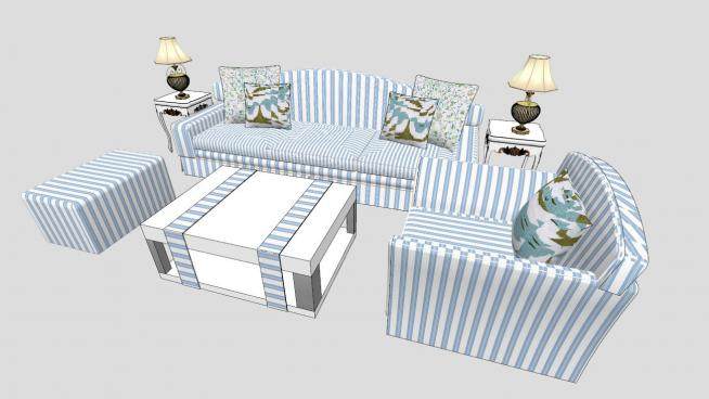 淡蓝色条纹地中海风格布艺组合沙发SU模型下载_sketchup草图大师SKP模型