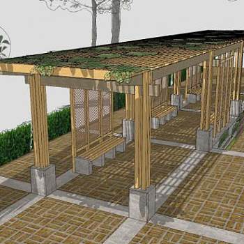 精美木质防腐木的廊架座椅SU模型下载_sketchup草图大师SKP模型