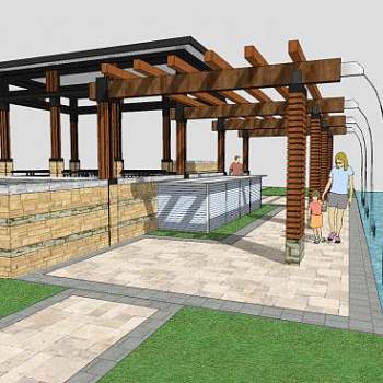 防腐木流水水景廊架SU模型下载_sketchup草图大师SKP模型
