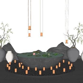 荷花小水池禅意小品SU模型下载_sketchup草图大师SKP模型