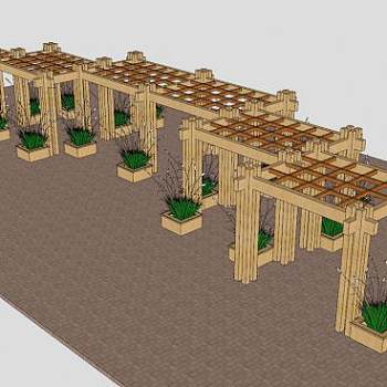 木质廊架连廊花架SU模型下载_sketchup草图大师SKP模型