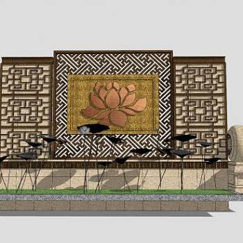 新中式景墙莲花荷叶景观SU模型下载_sketchup草图大师SKP模型