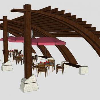 木质廊架遮阳伞和座椅SU模型下载_sketchup草图大师SKP模型