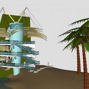 创意景观塔和椰树SU模型下载_sketchup草图大师SKP模型