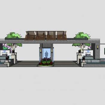 新中式小区景观大门入口SU模型下载_sketchup草图大师SKP模型