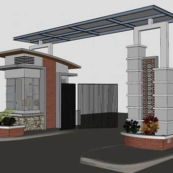 新中式门卫亭保安亭小区入口SU模型下载_sketchup草图大师SKP模型