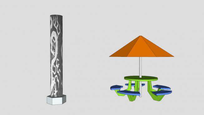 盘龙柱子和户外休息遮阳伞座椅SU模型下载_sketchup草图大师SKP模型