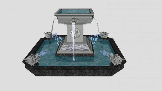 中式大型龙头喷泉水景水池SU模型下载_sketchup草图大师SKP模型
