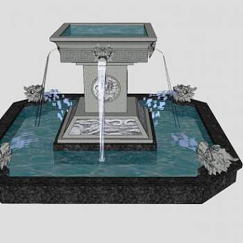 中式大型龙头喷泉水景水池SU模型下载_sketchup草图大师SKP模型