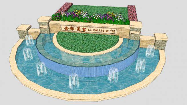 欧式公园园区喷泉跌水池SU模型下载_sketchup草图大师SKP模型