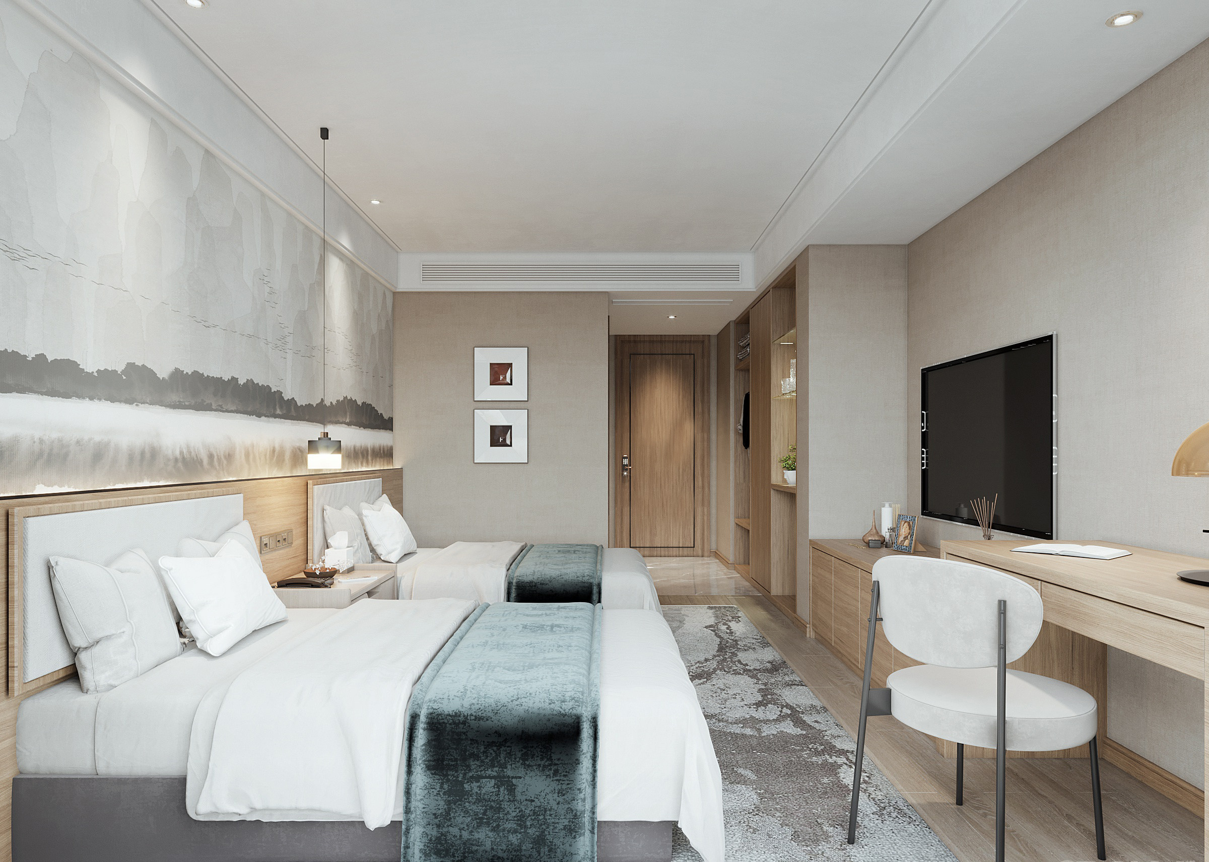 SY022_现代新中式酒店客房,双人床,大床房,,麻将桌,墙饰，卫生间 (1)3d模型下载