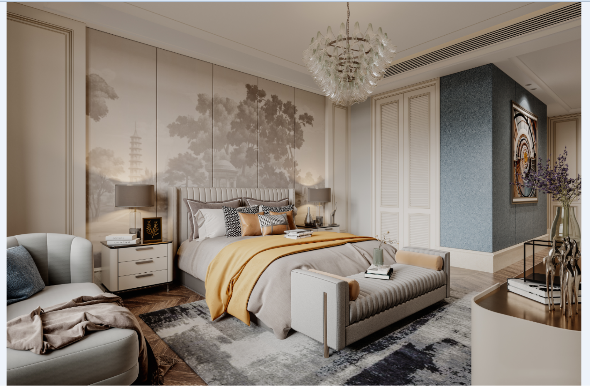 SY025_欧式美式卧室客房皮革双人床,总统套水晶吊灯卧榻，躺椅,双人床,台灯3d模型下载