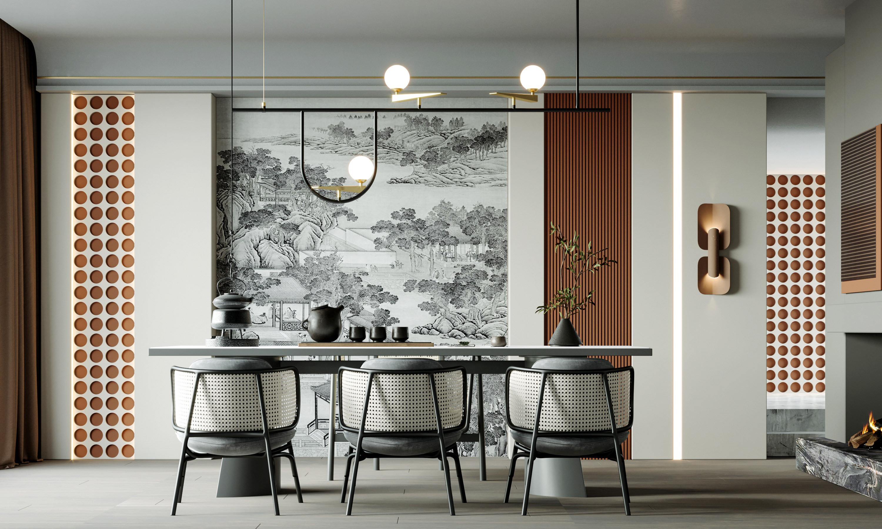 SY026_新中式茶室,餐厅，餐桌椅，吊灯,茶桌椅组合,编织靠背椅子,墙饰3d模型下载