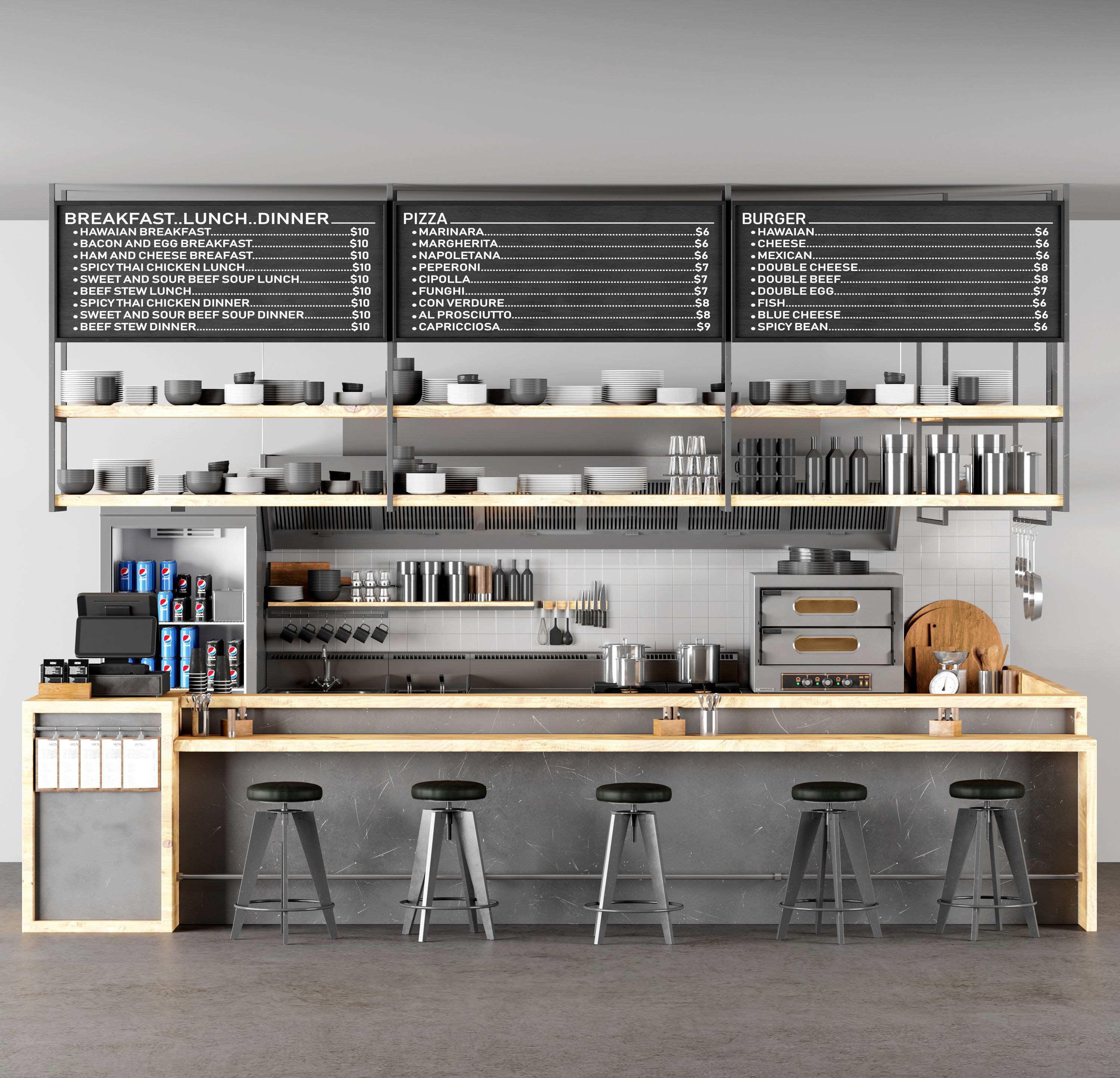 SY014_现代工业风咖啡吧收银前台,厨房用具,圆凳，吧凳，无灯3d模型下载