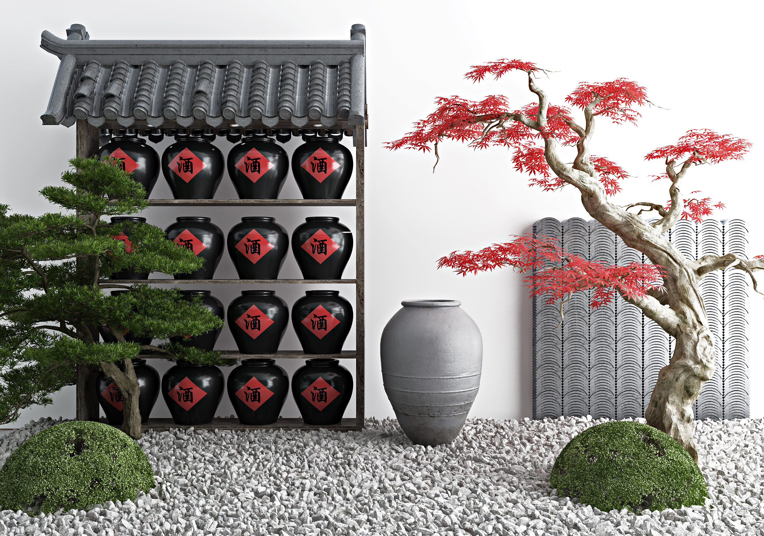 新中式景观小品枯树灌木酒缸小品3d模型下载