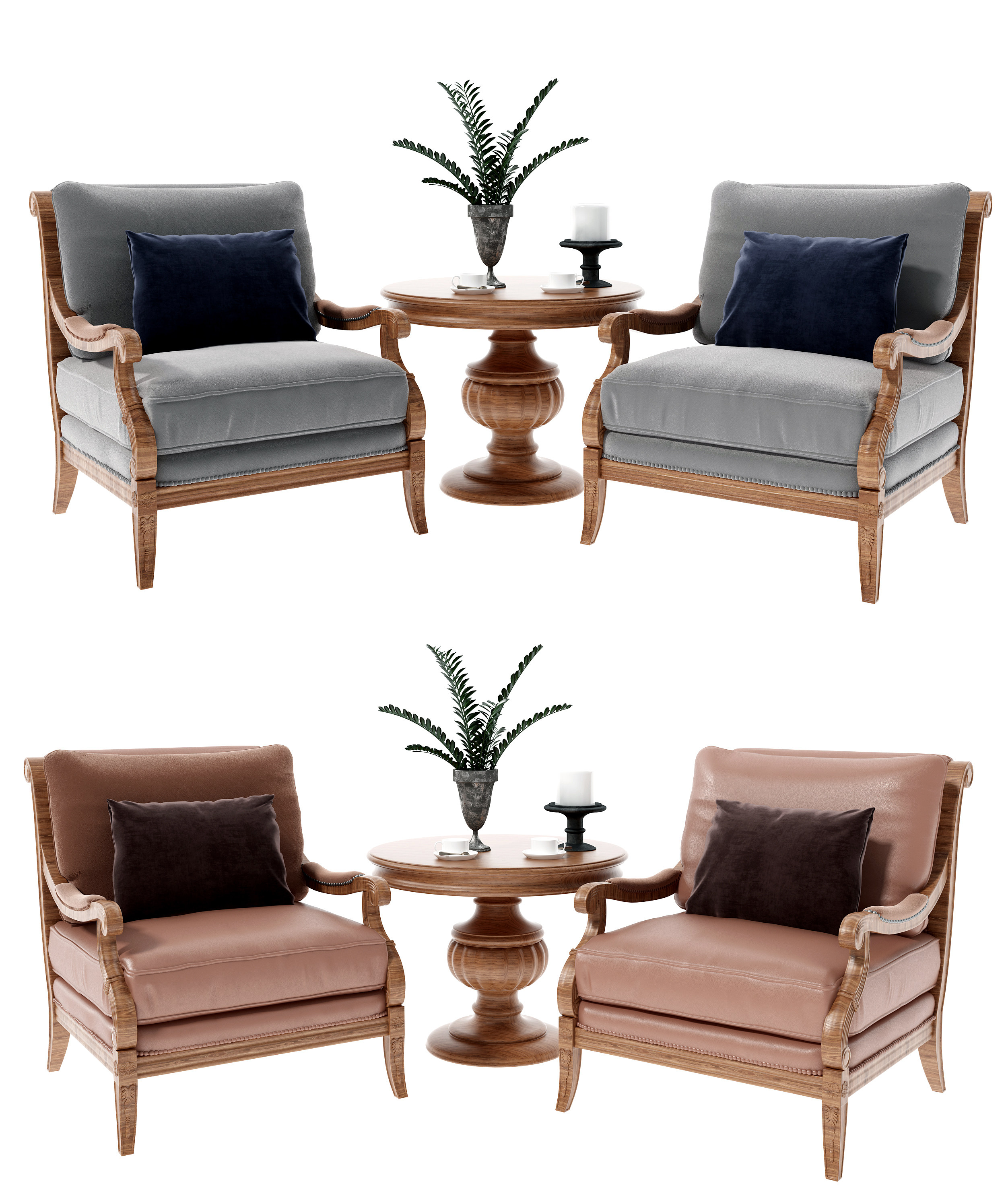 美式欧式单椅，休闲椅，椅子，圆形边几组合3d模型下载