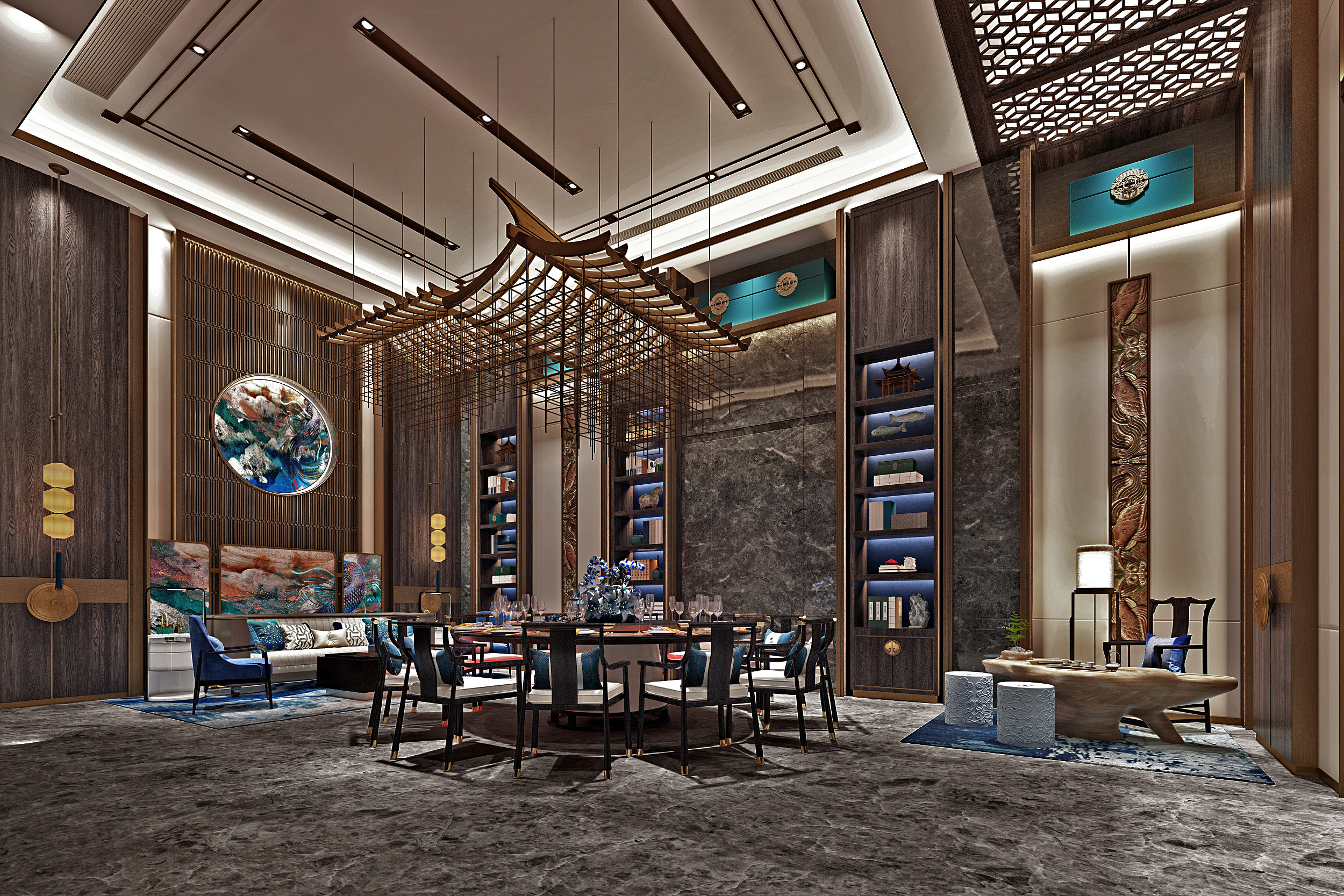 新中式轻奢酒店餐厅包房3d模型下载