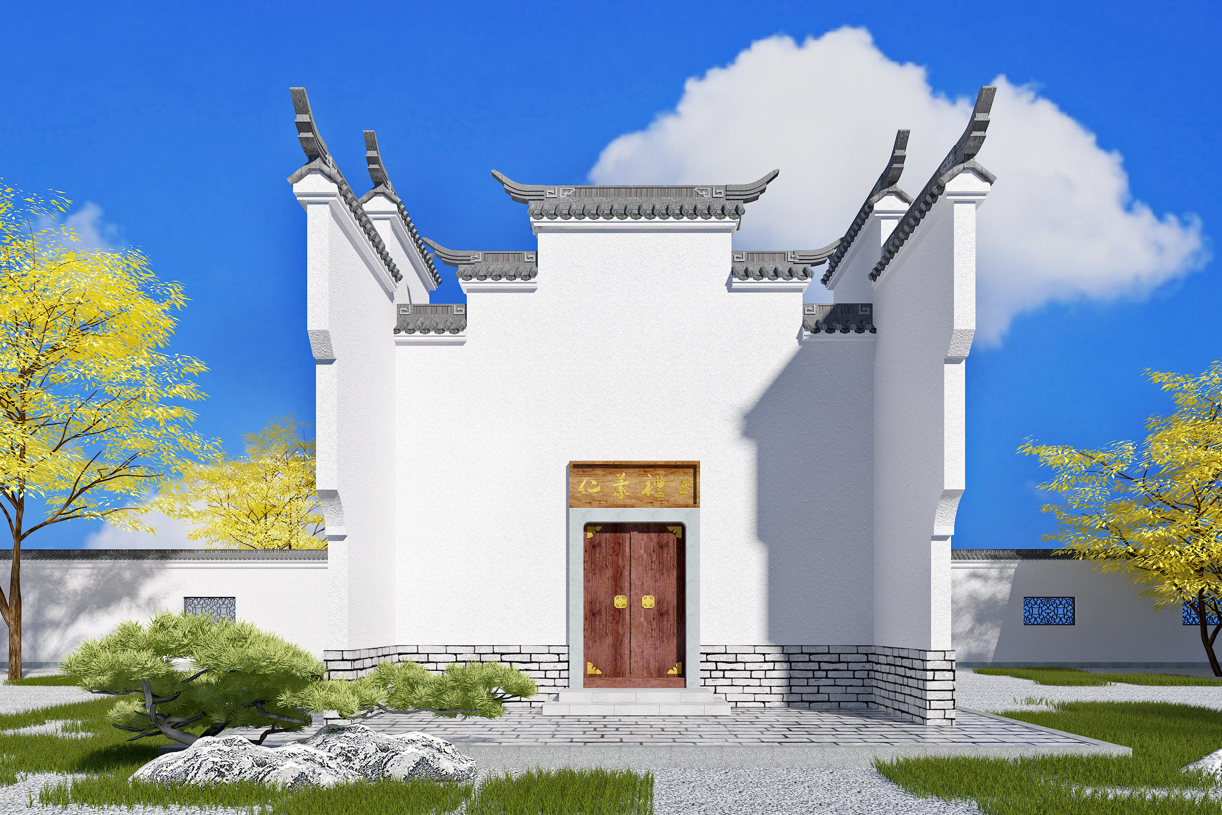 新中式徽派建筑马头墙树石头大门3d模型下载