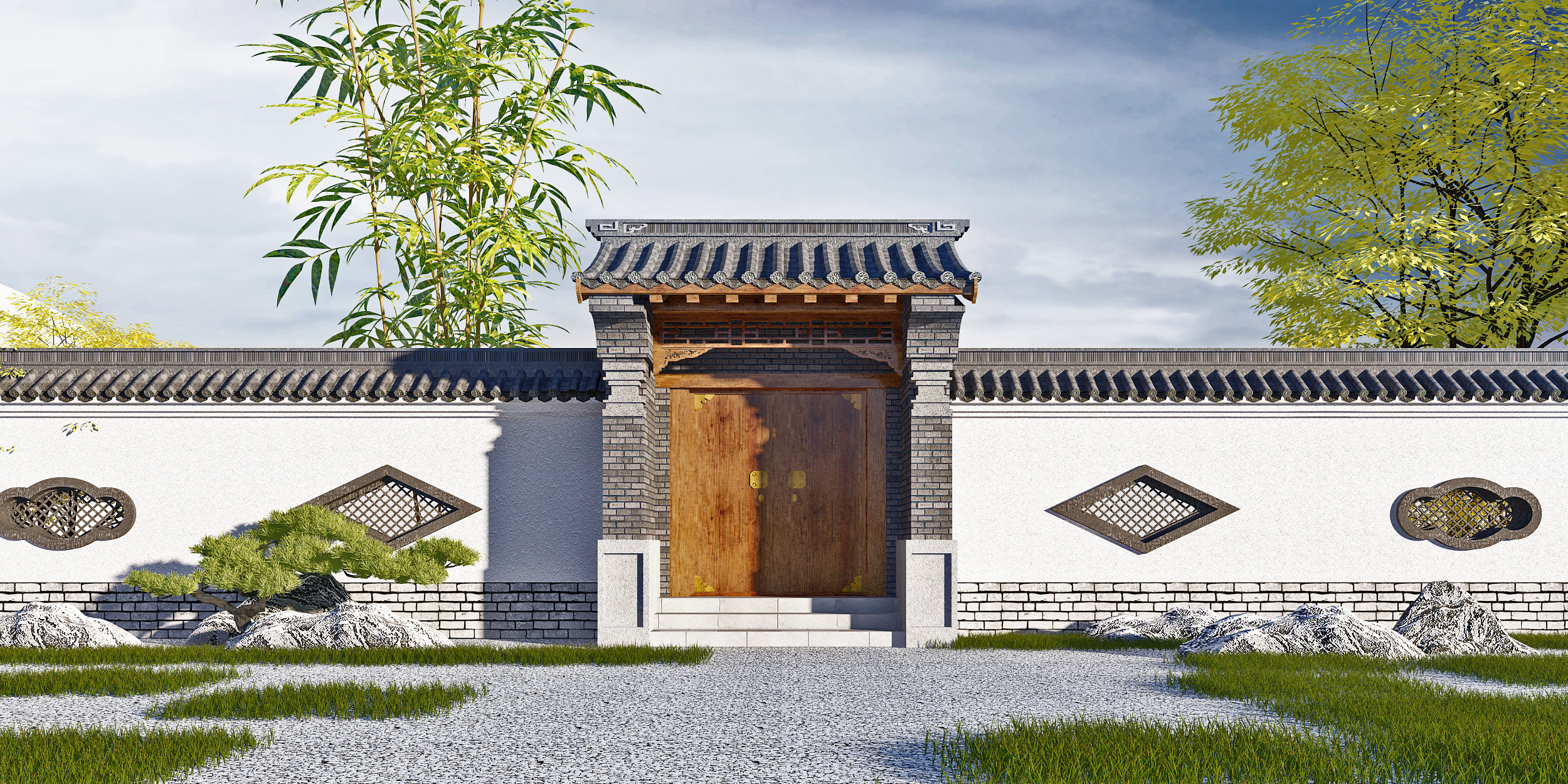 中式古典大门,门头院墙围墙3d模型下载
