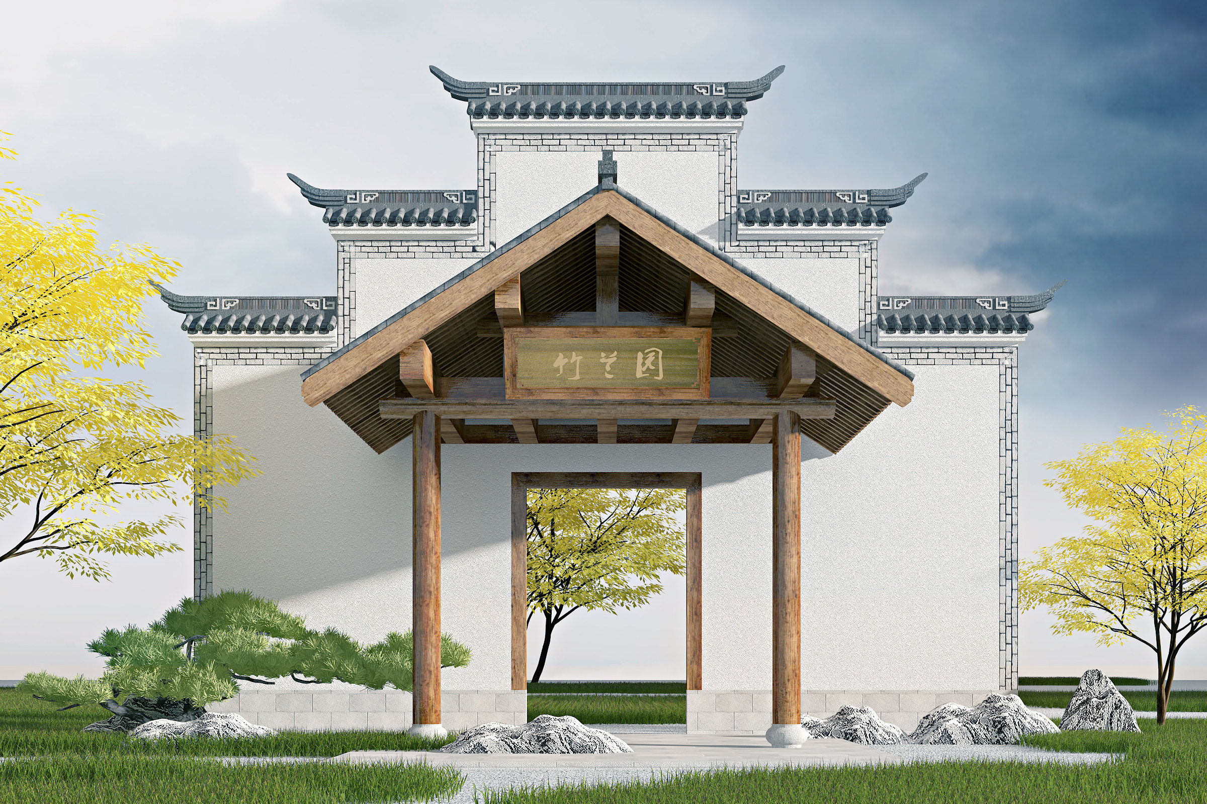中式古典建筑徽派建筑马头墙门头大门3d模型下载