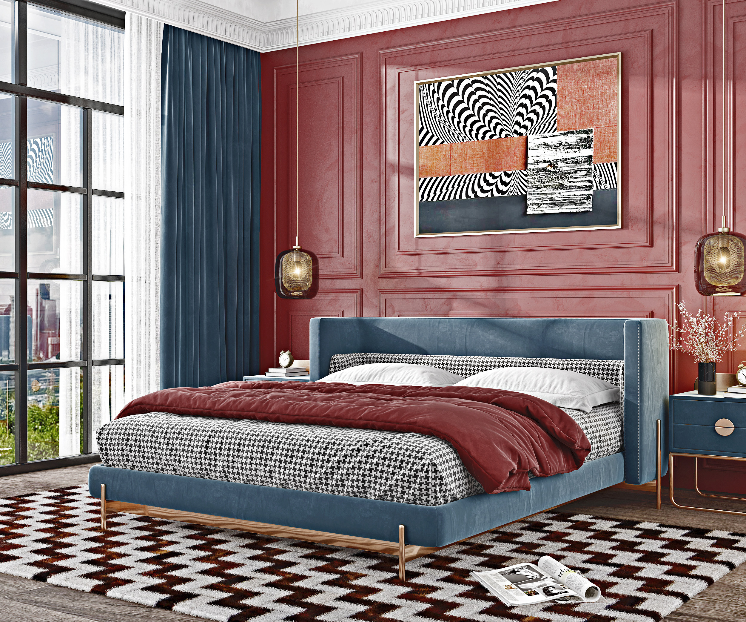 美式卧室绒布双人床3d模型下载
