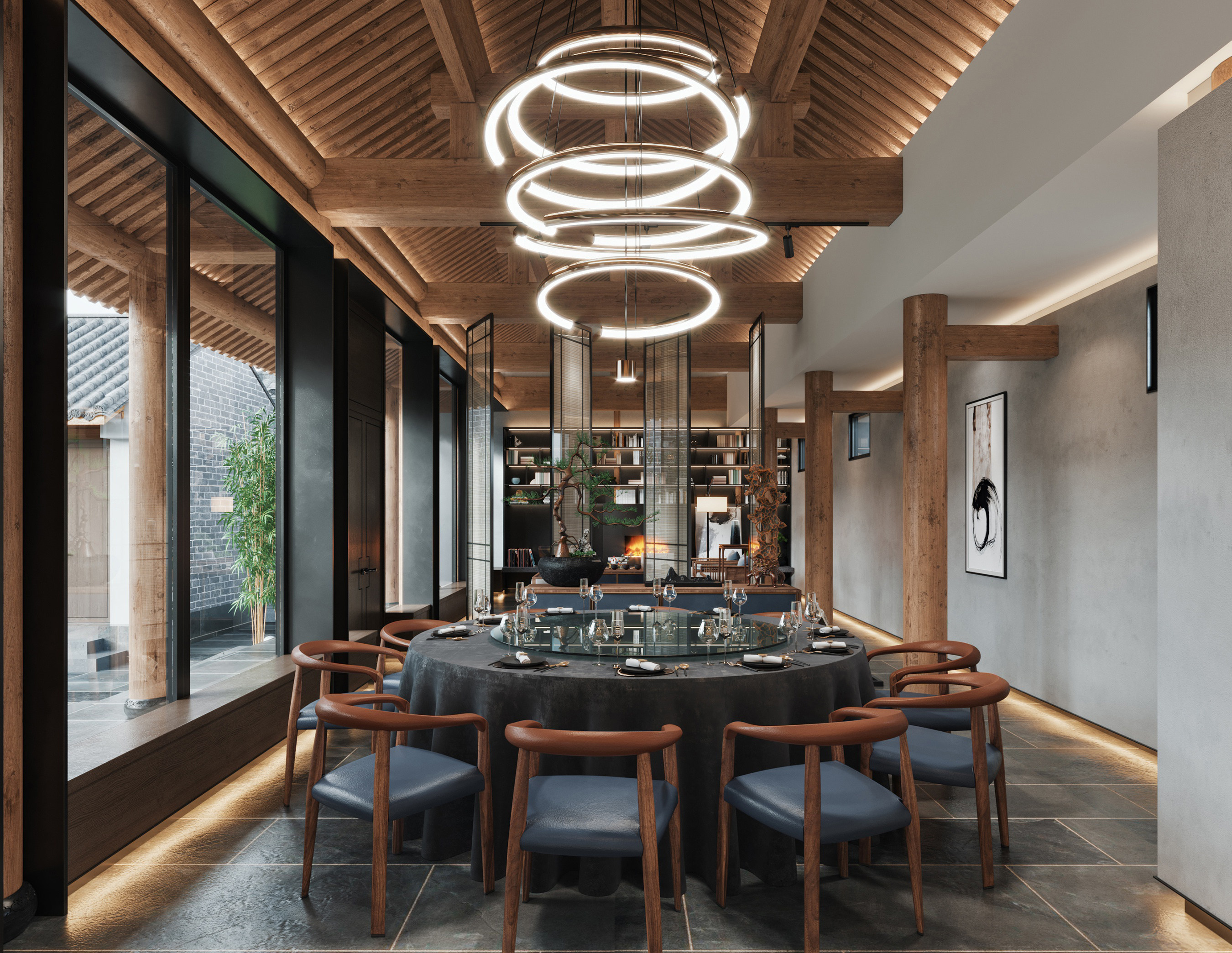 新中式酒店餐厅休息区3d模型下载