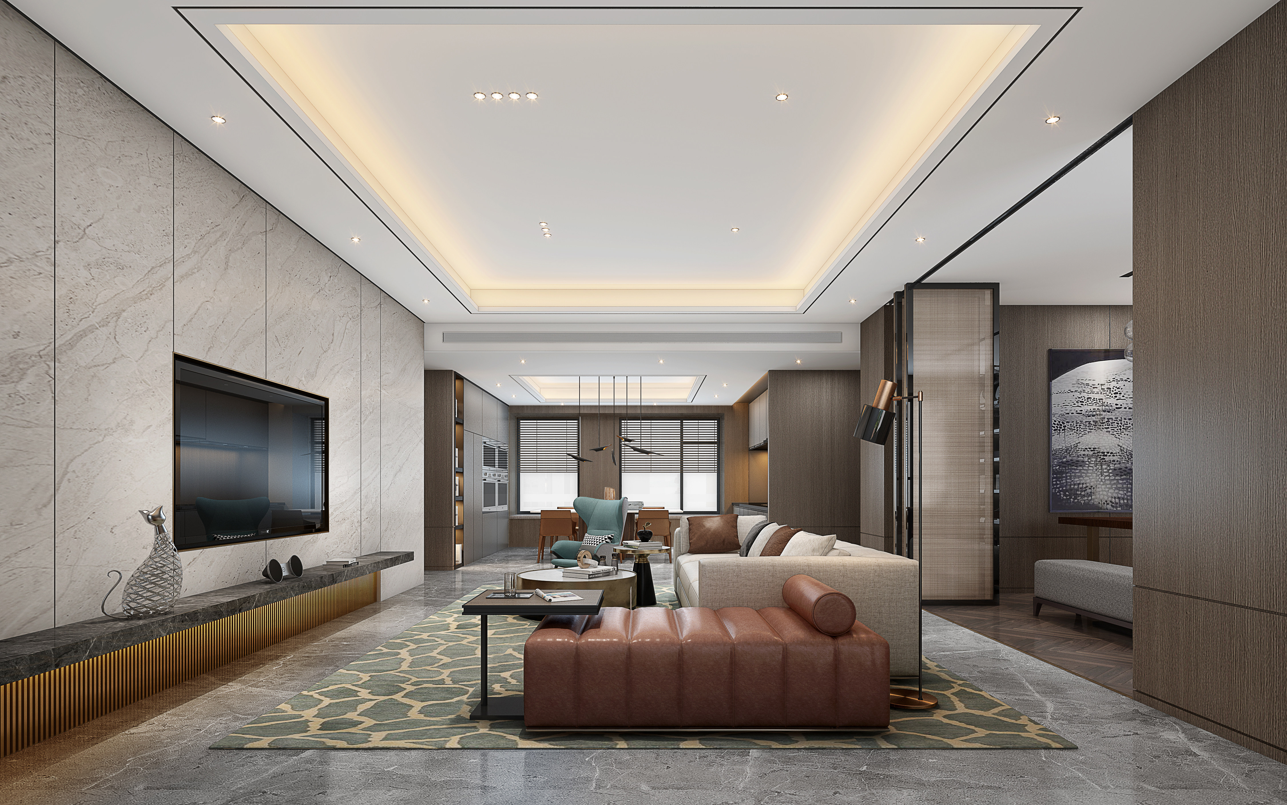 现代轻奢样板间客厅，沙发3d模型下载