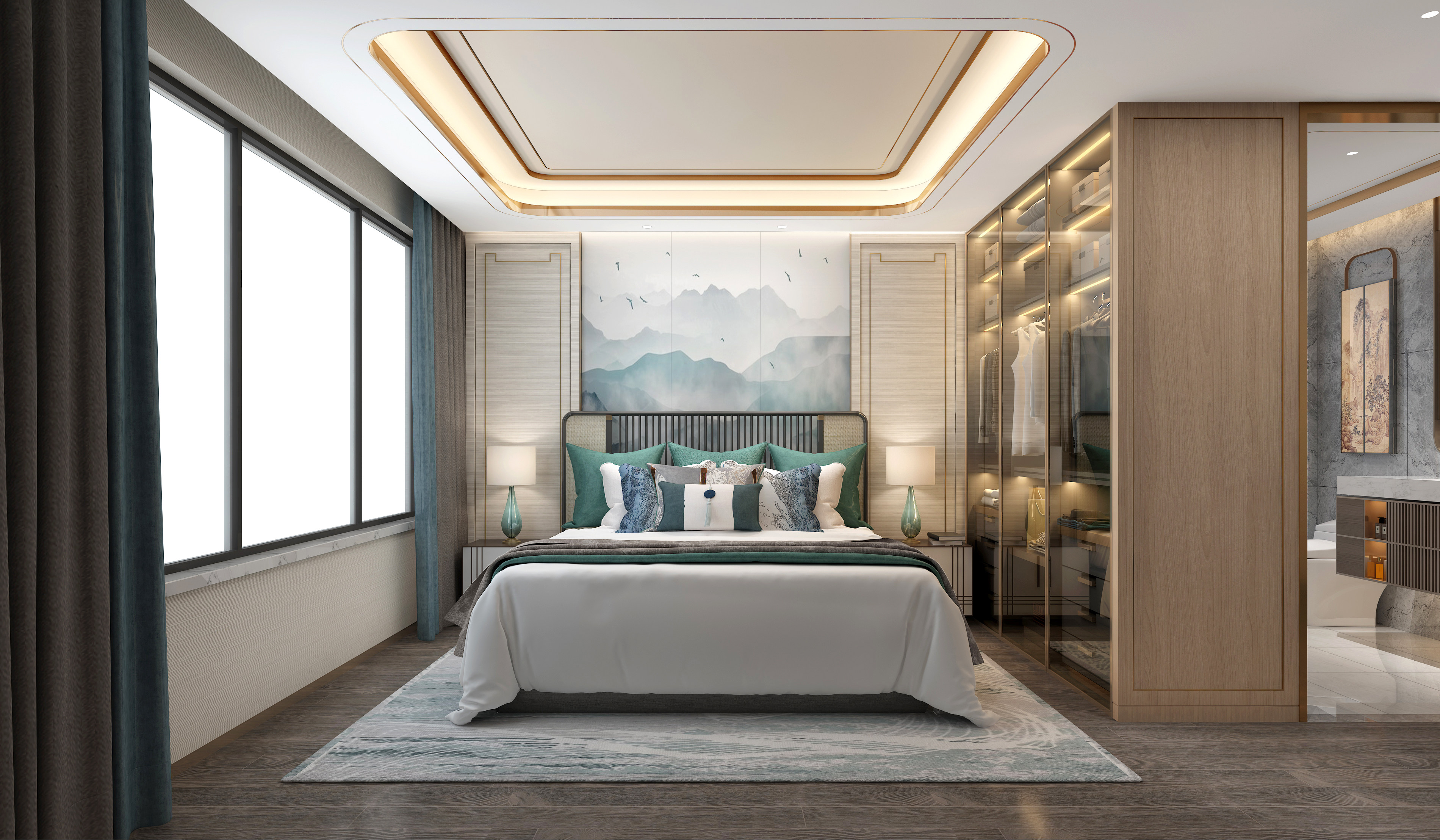 新中式样板间卧室卫生间双人床3d模型下载