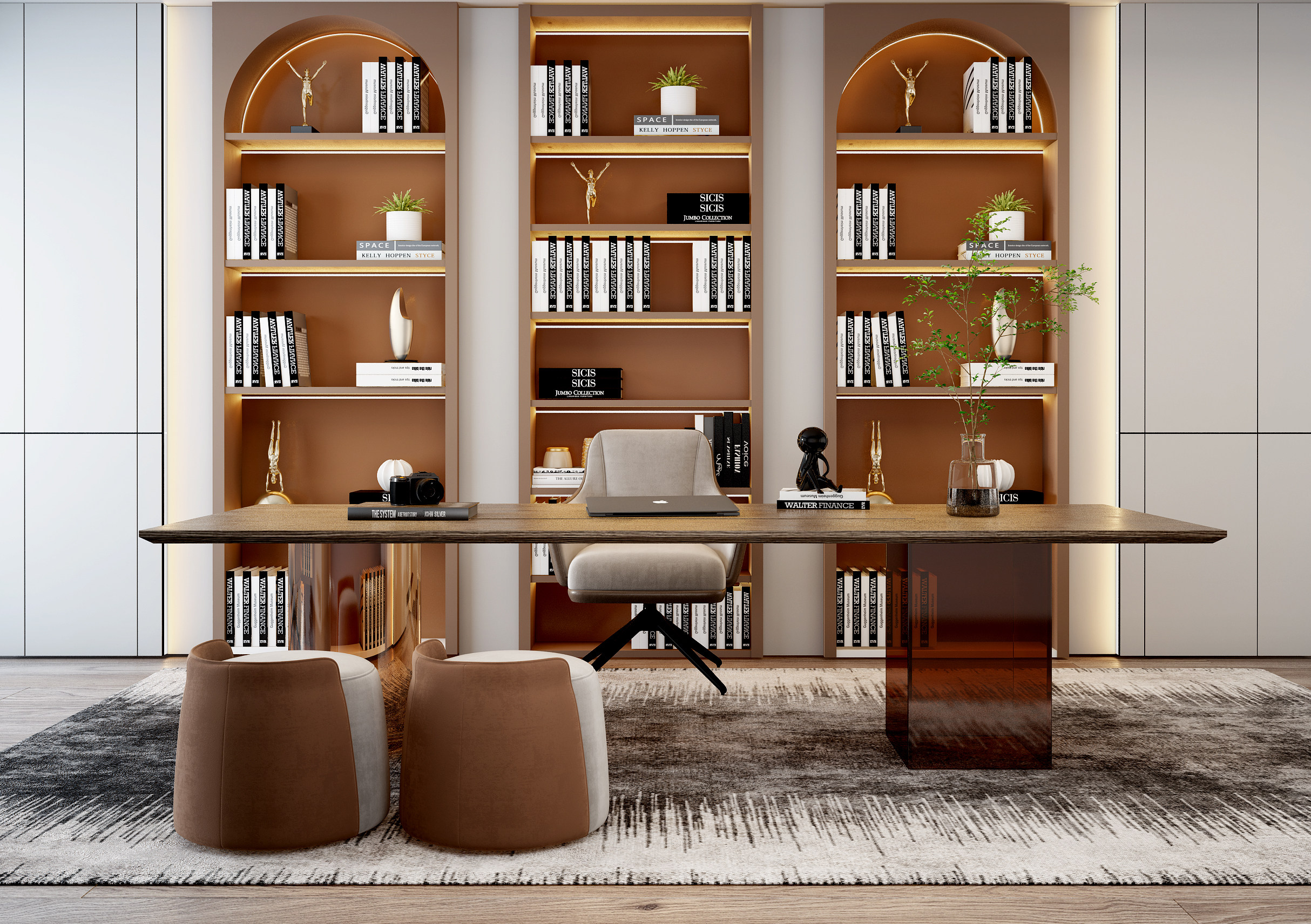 现代书房,书柜,书桌椅组合3d模型下载