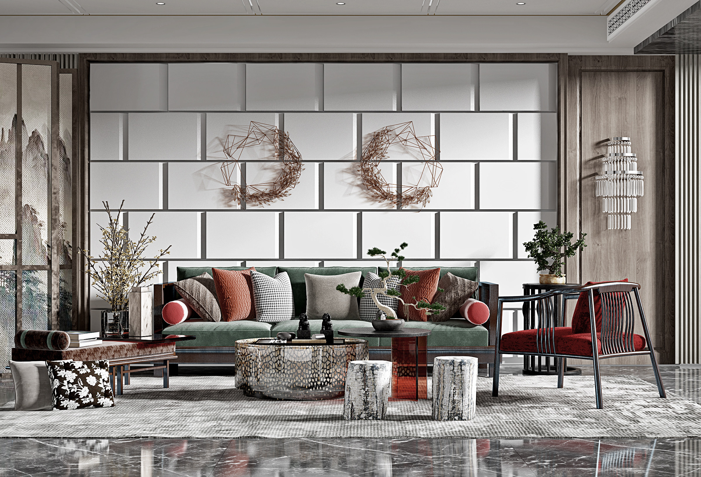 新中式风格客厅,沙发座椅茶几组合3d模型下载