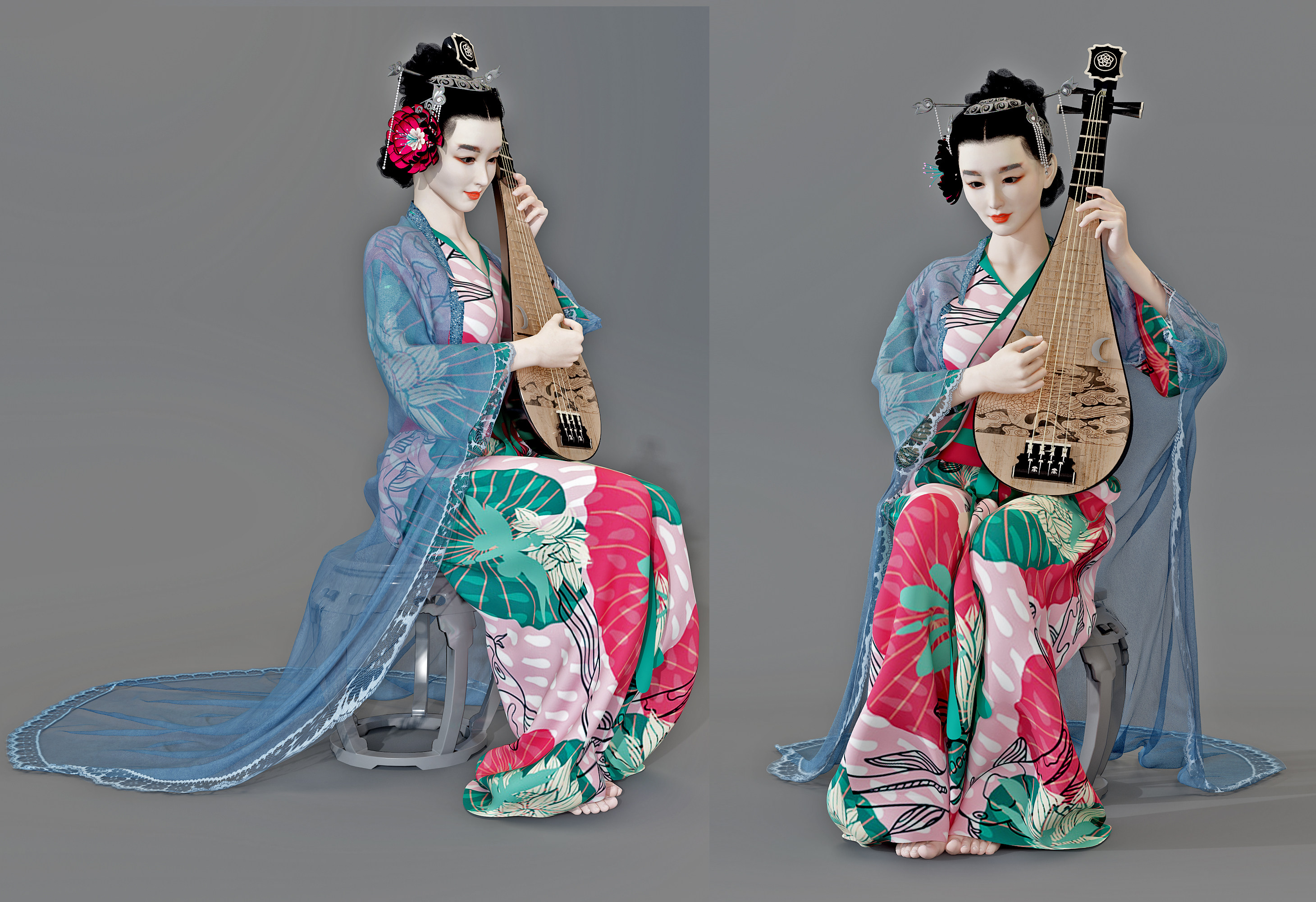 中式琵琶古装美女人物3d模型下载