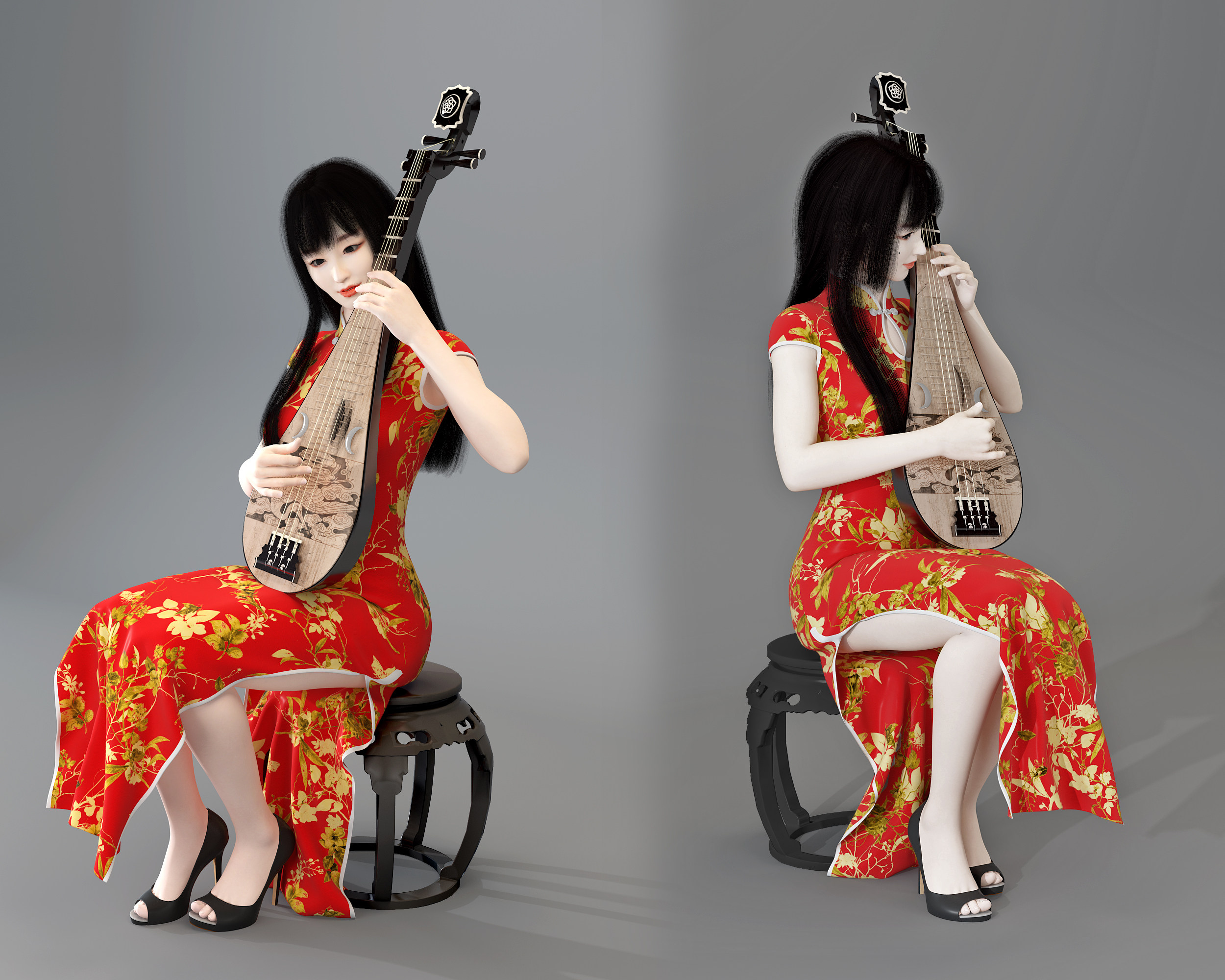 现代弹琵琶女性人物3d模型下载