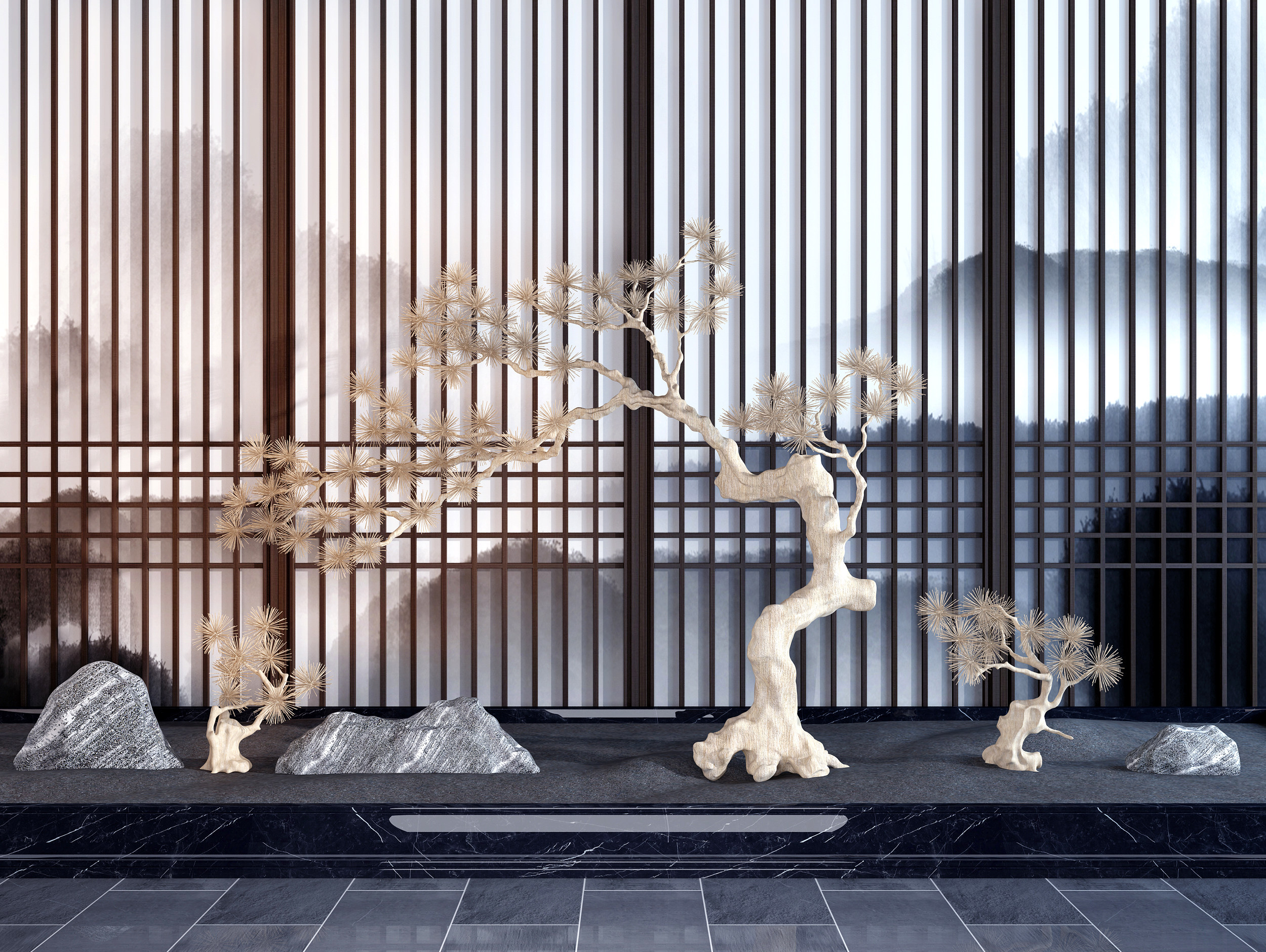 新中式景观植物雕塑3d模型下载