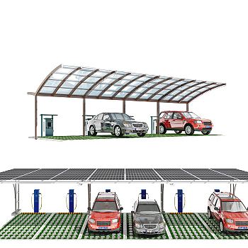 现代停车棚充电桩,户外遮雨棚3d模型下载