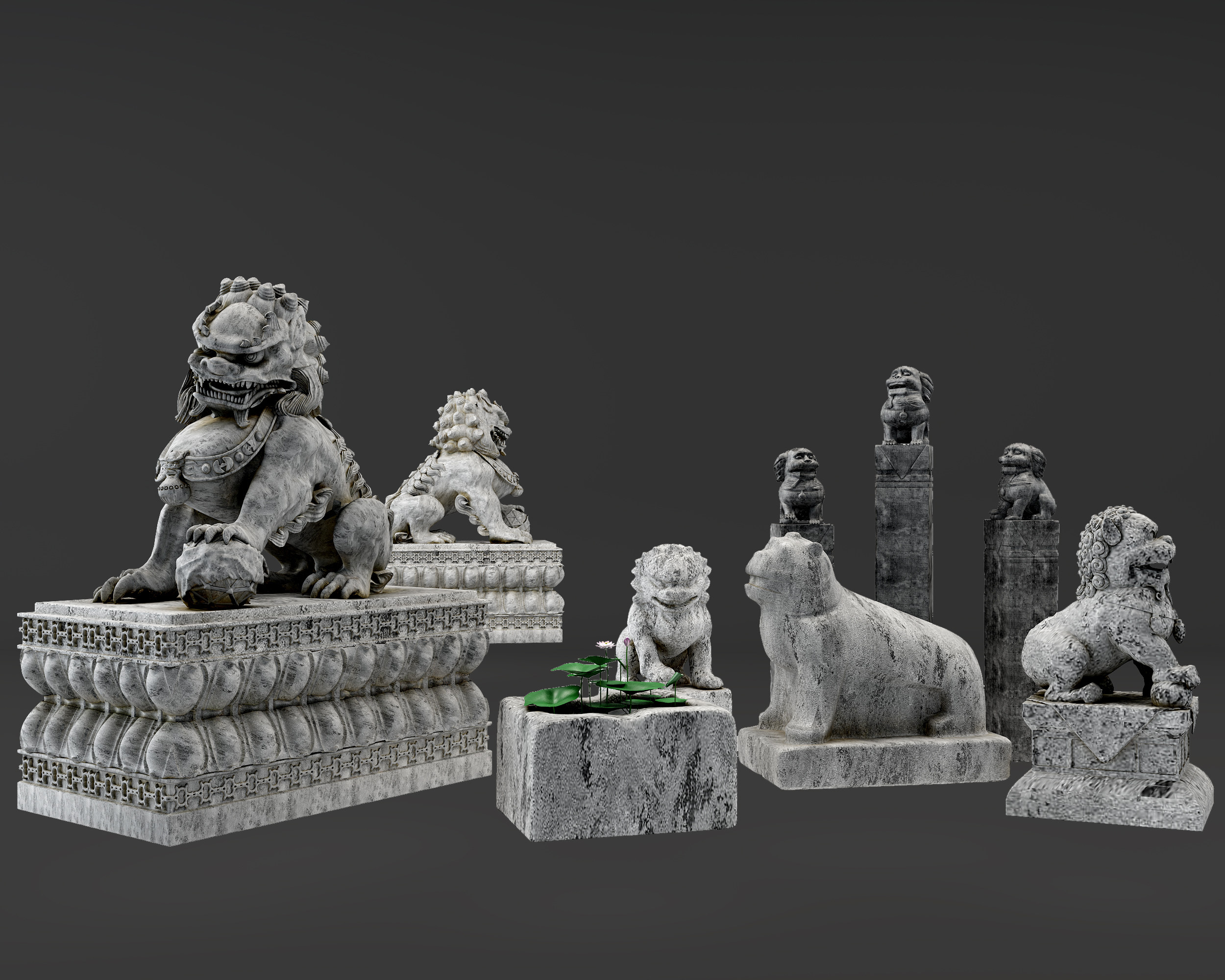 中式石狮子雕塑3d模型下载