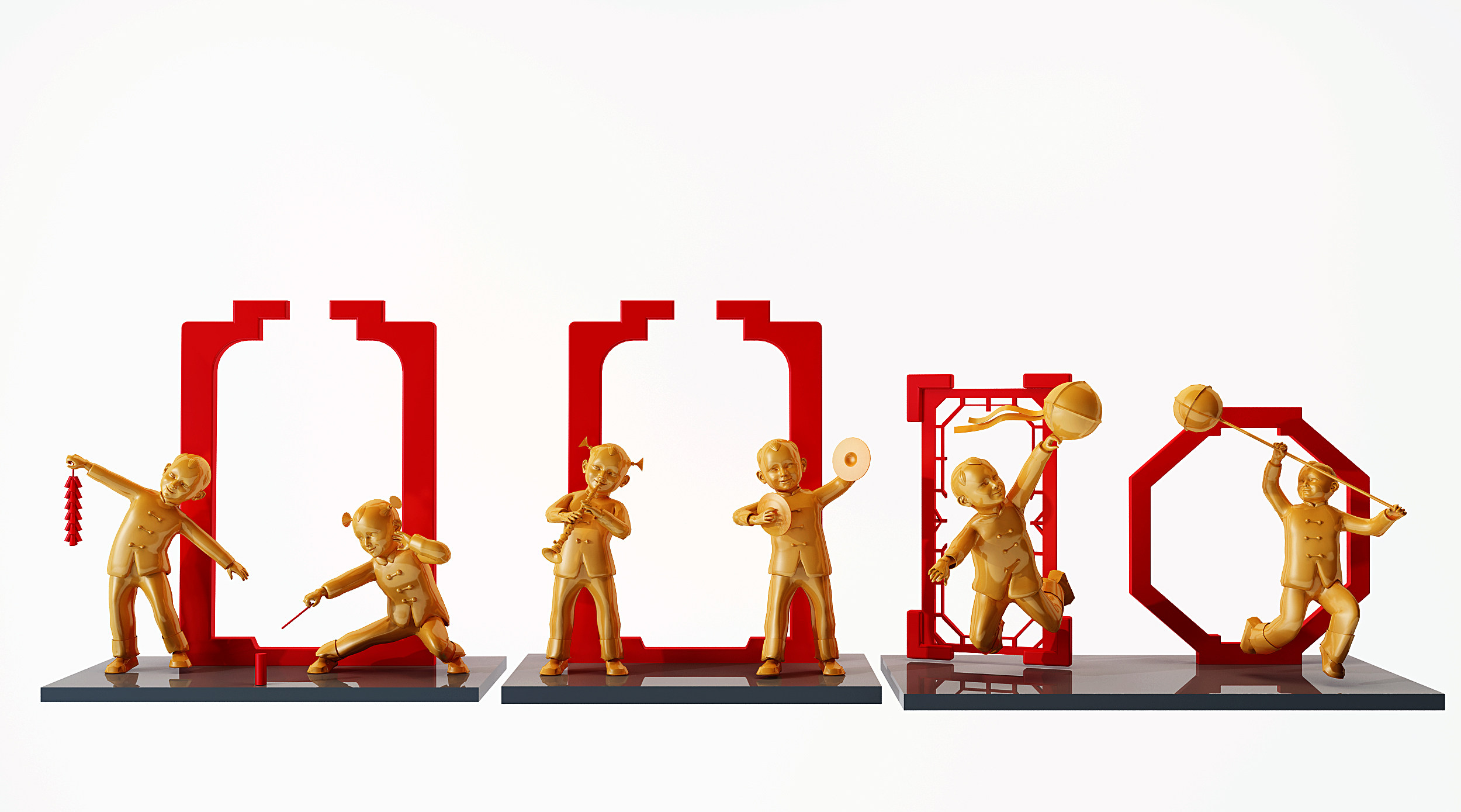 新中式欢度春节儿童雕塑,,雕像3d模型下载