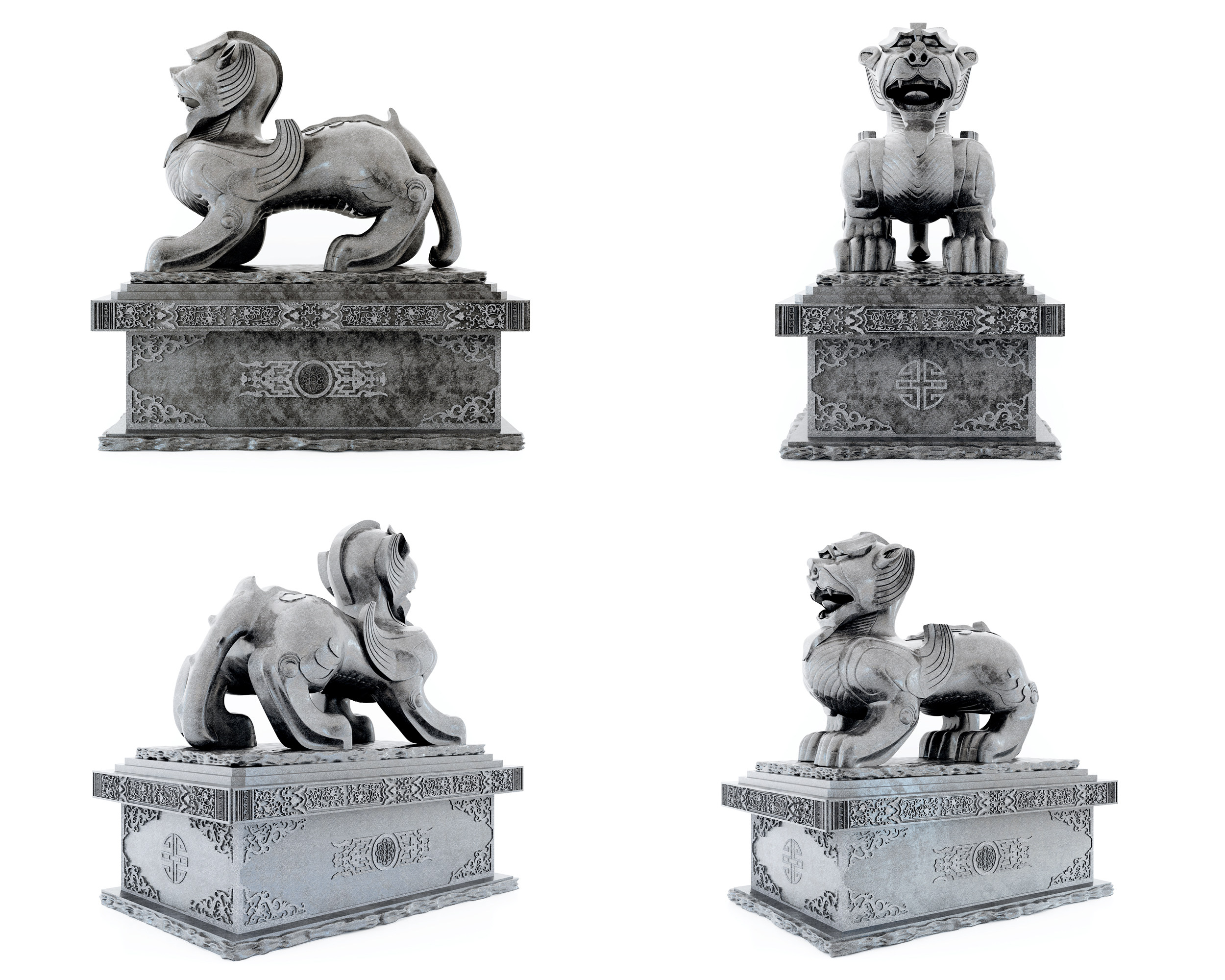 中式石头貔貅石狮子龙雕塑3d模型下载