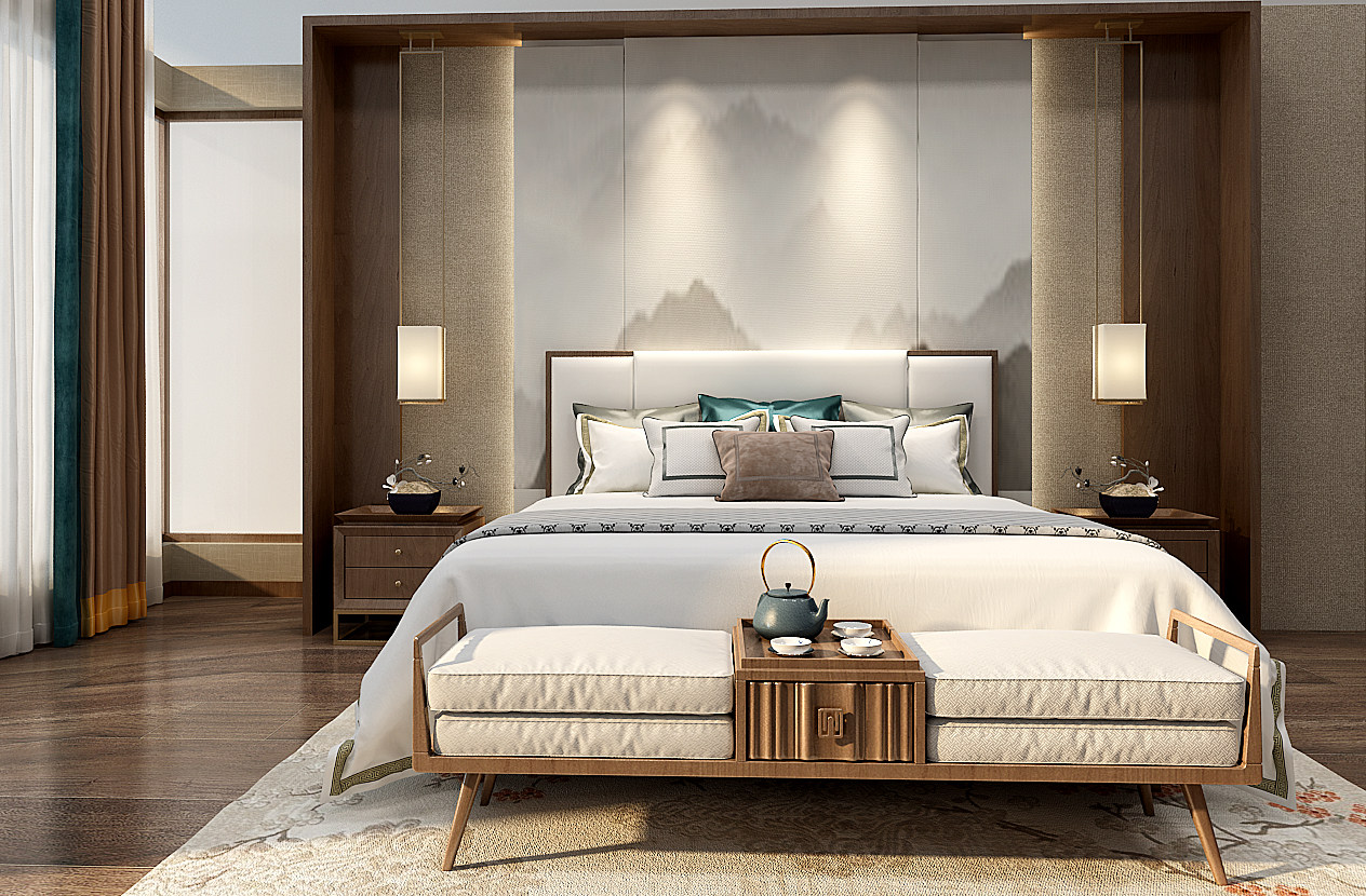 新中式卧室床具组合3d模型下载
