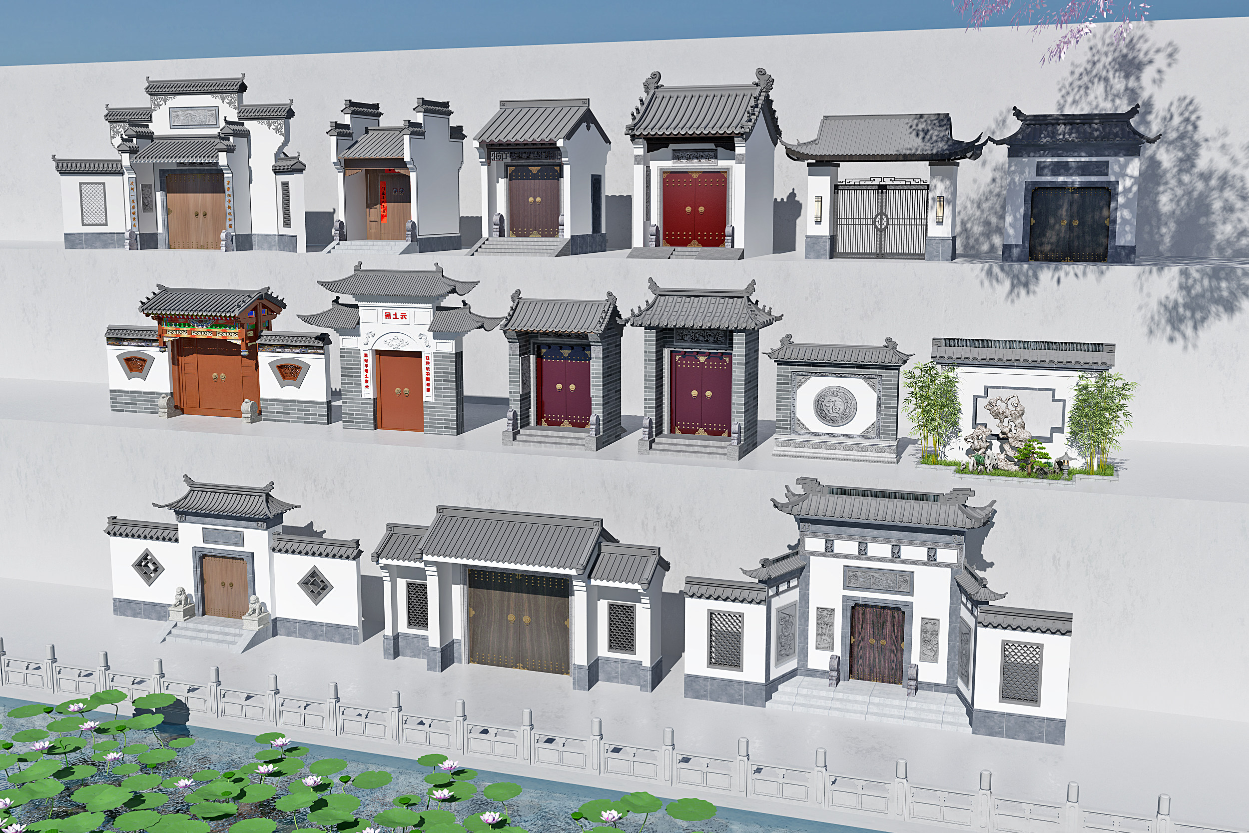 中式古典徽派建筑大门,门头3d模型下载