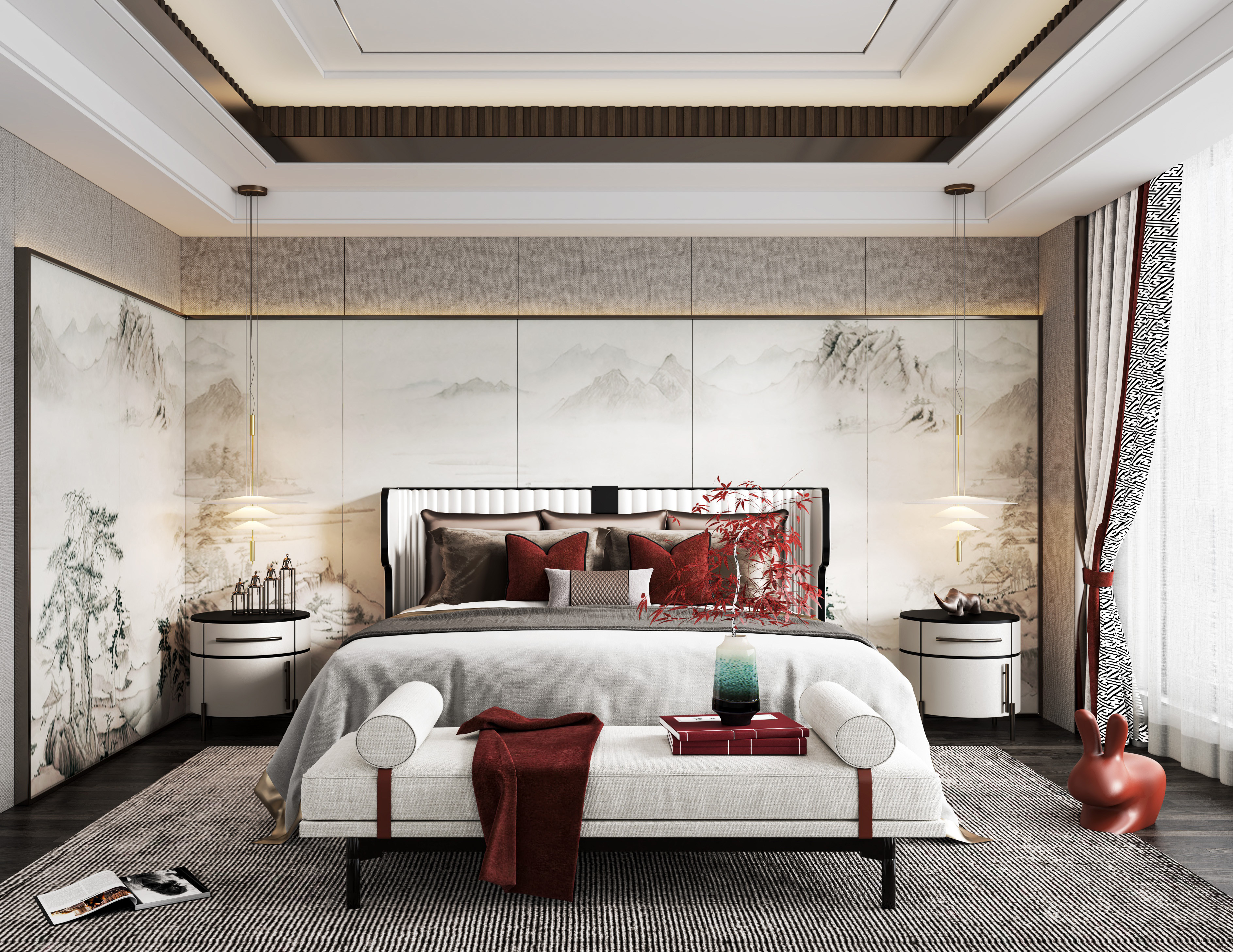 现代新中式卧室3d模型下载