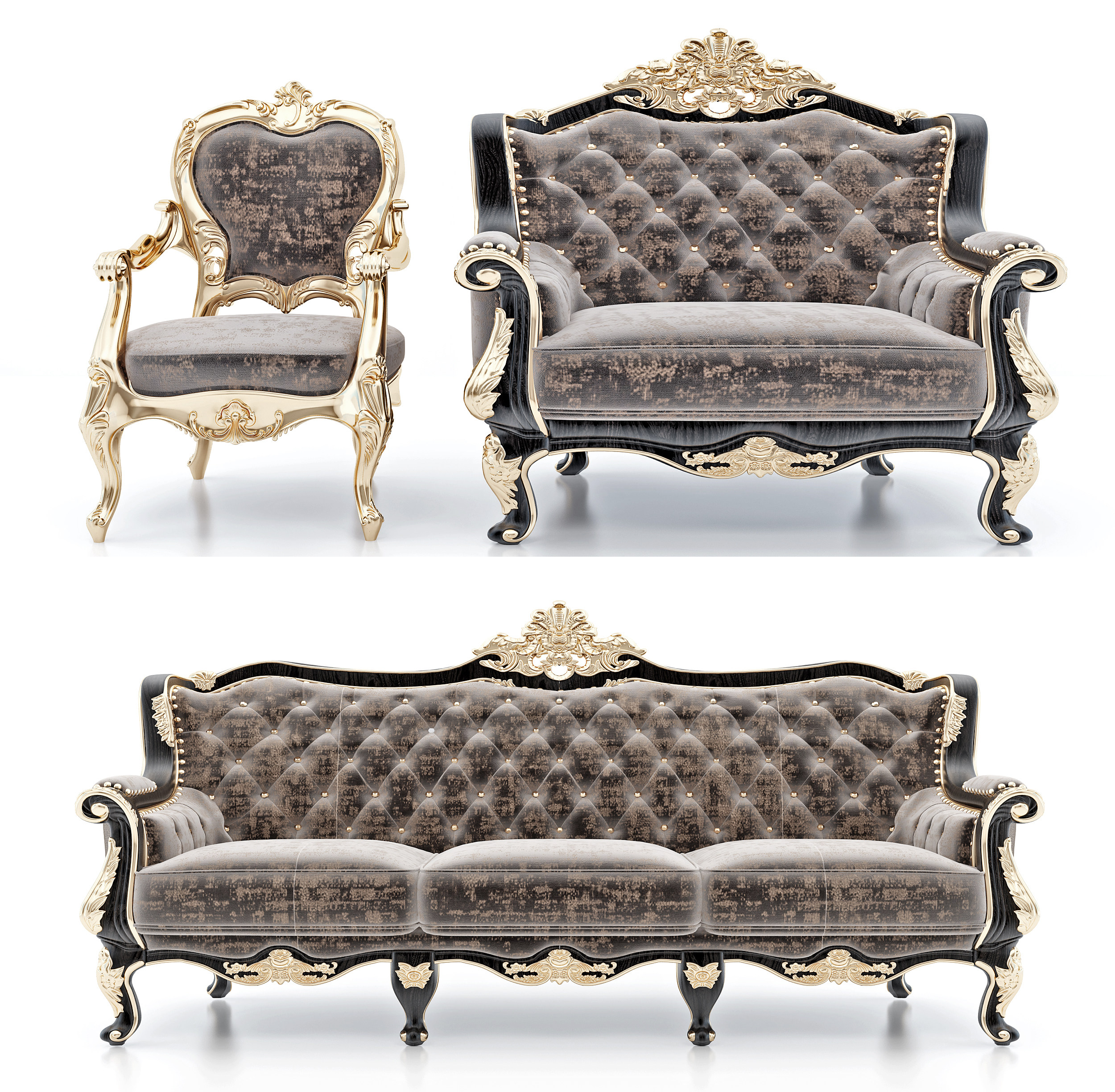 法式古典雕花绒布皮革多人沙发组合3d模型下载
