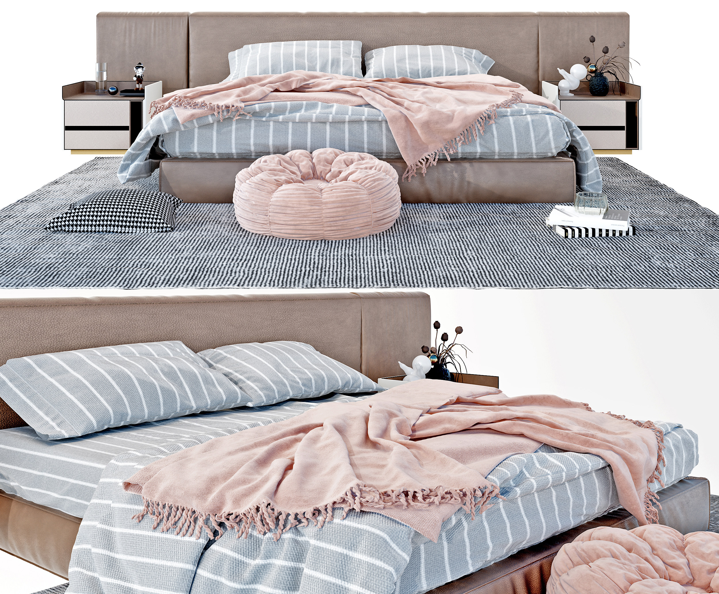 现代布艺双人床,床头柜组合3d模型下载